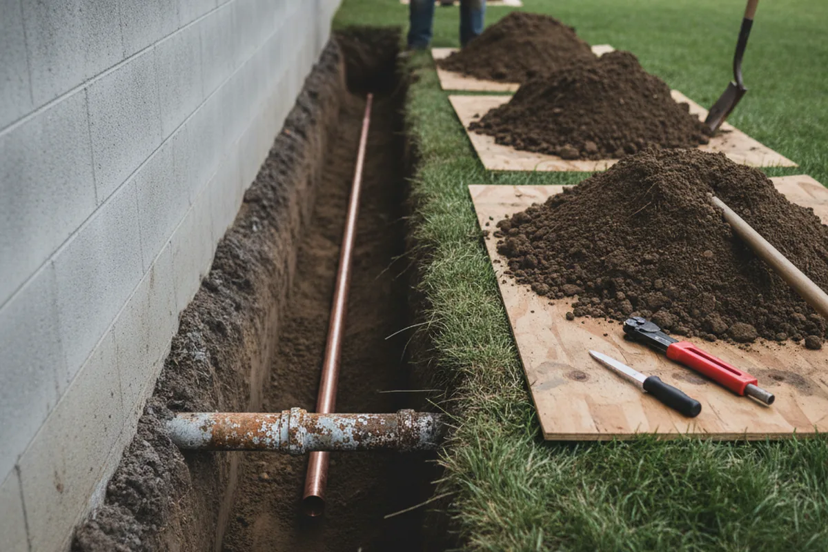 Excavated water line trench during Water Softener Installation in Hoskinston